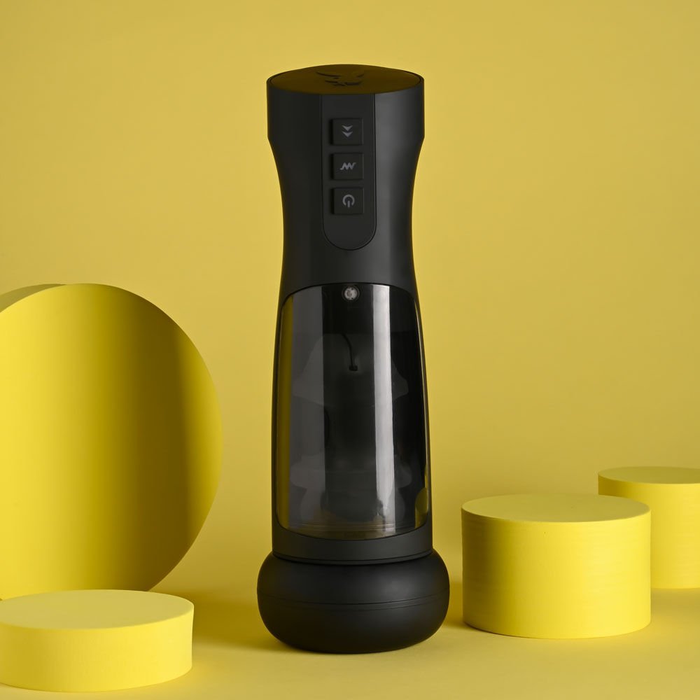 Front side view of the Playboy Pleasure End Game vibrating stroker on a clean yellow background | Flirty Bay adult store Perth